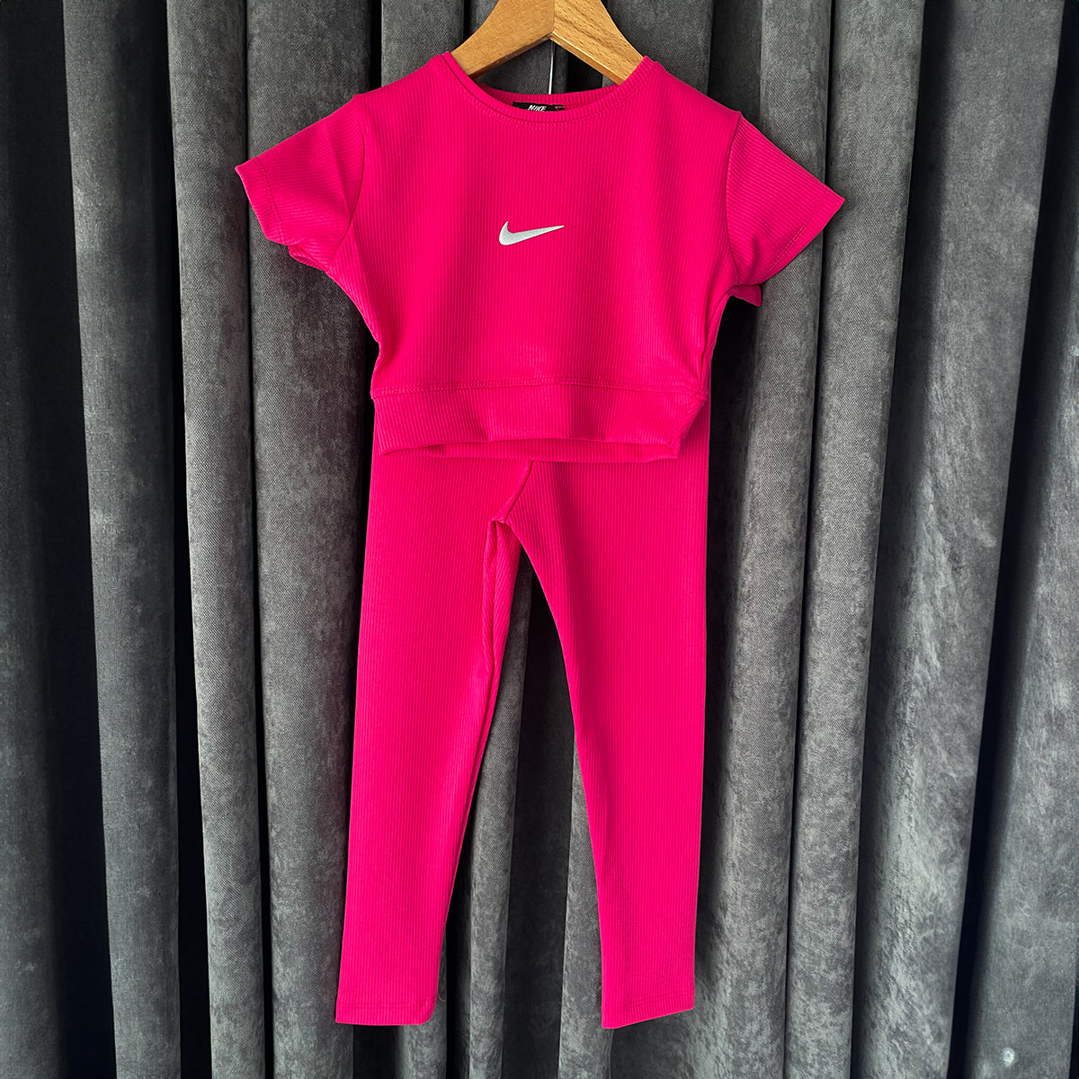 Fitilli Kız Çocuk Crop Taytlı Takım-Pembe