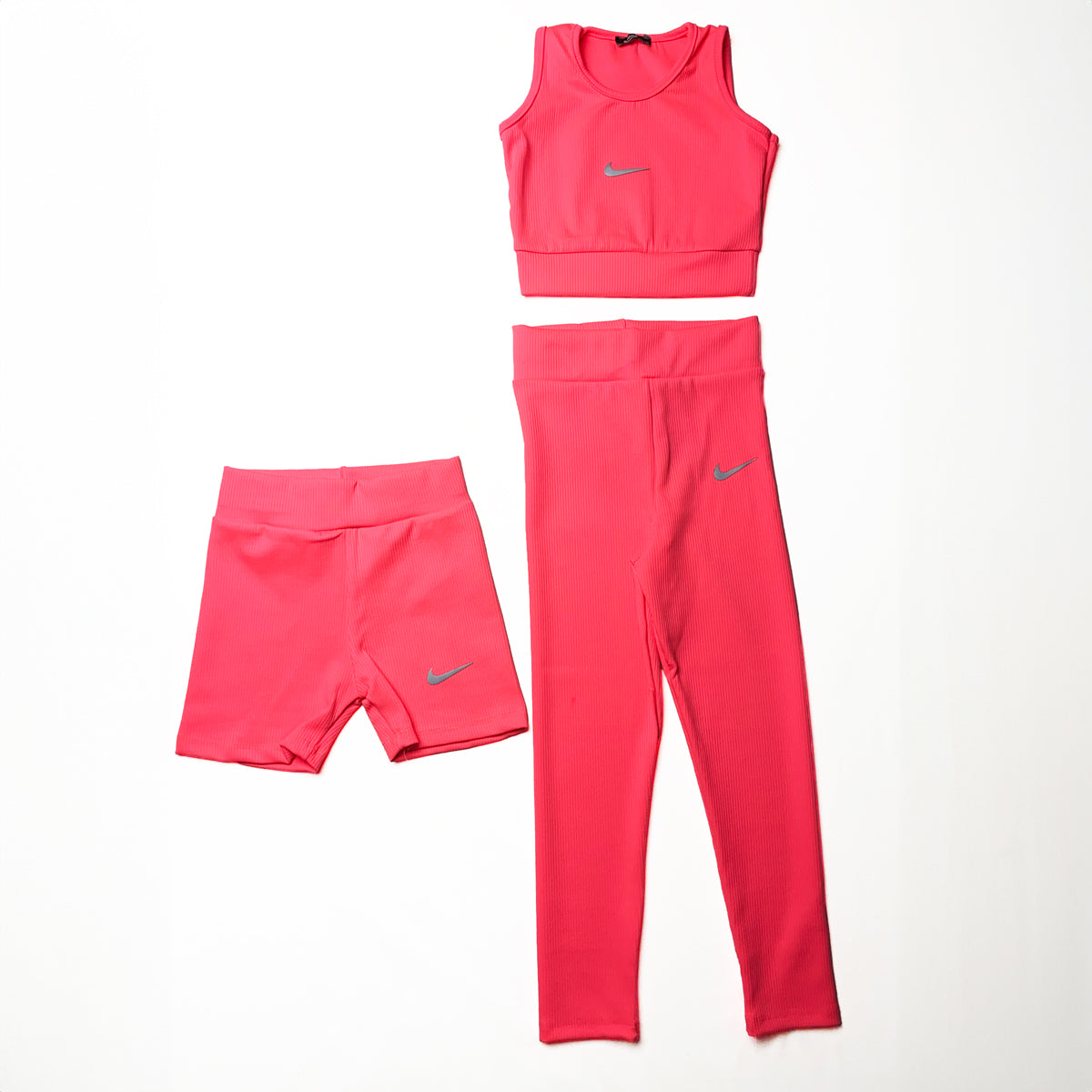 Fitilli Kız Çocuk Kolsuz Crop Taytlı ve Şortlu Takım - Pembe (3'lü Set)